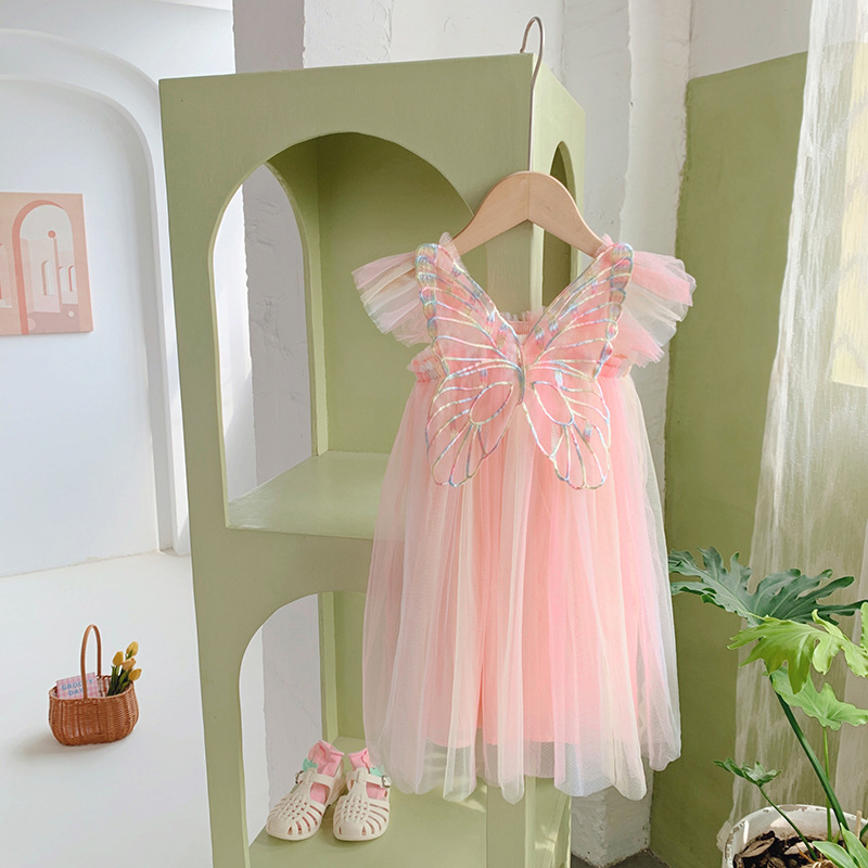 Hot Sale 2023 Rainbow Big Butterfly Baby Girl Dress Ruffle Flying Sleeve Tutu Baby Girl Dress 6-12 Month