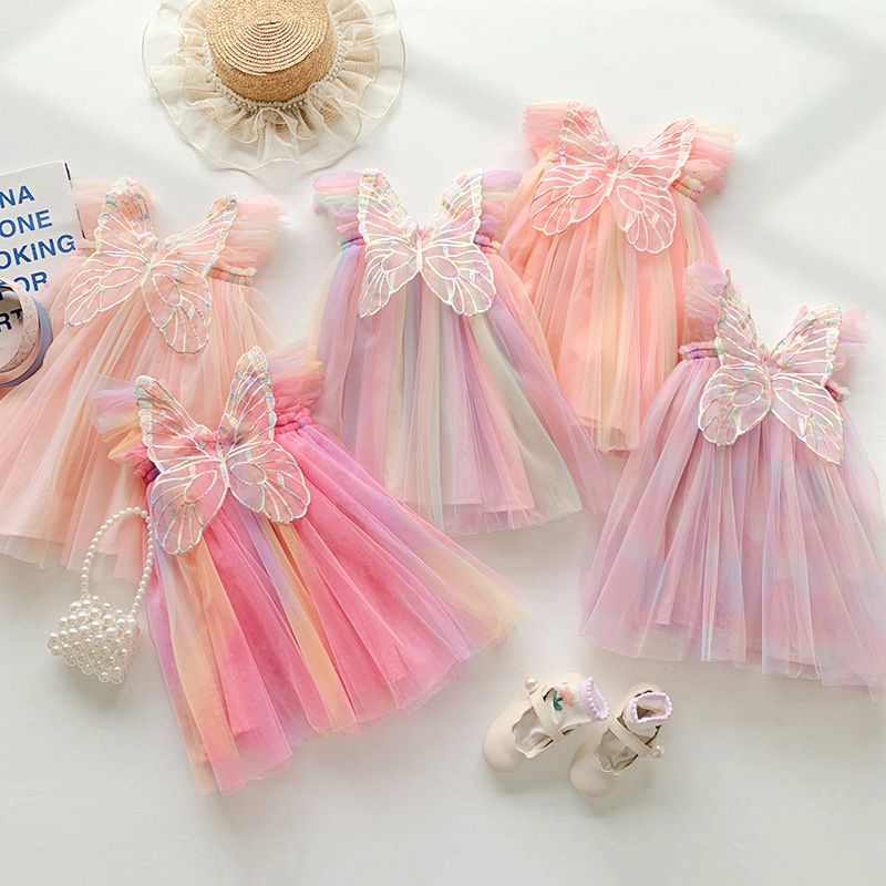 Hot Sale 2023 Rainbow Big Butterfly Baby Girl Dress Ruffle Flying Sleeve Tutu Baby Girl Dress 6-12 Month