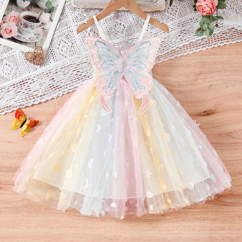 2024 Ins Big Butterfly Applique Flower Girls' Dresses Rainbow Strap Tutu Children's Dresses For Girls