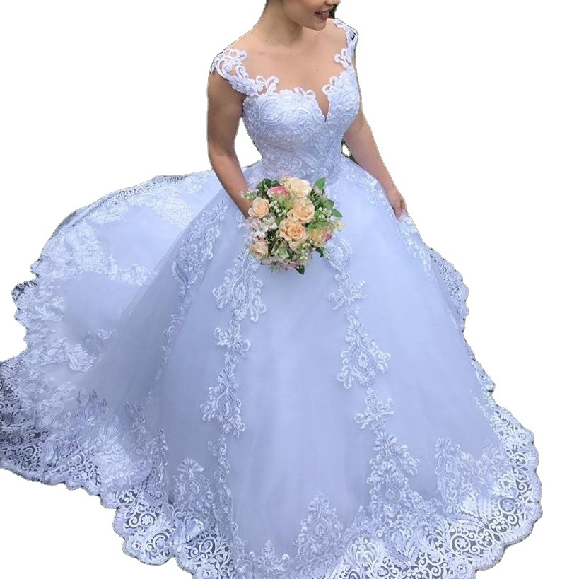 NEW Fashion Styles White Women Wedding Dresses Classic Trailing Bridal Gown Short Sleeve Lace Ball Gown Vestido De Noiva Knitted