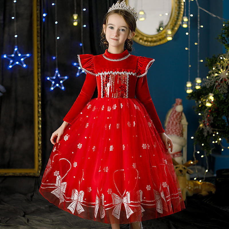 New Winter Red Thickened Velvet Kids Girls Dresses Christmas Princess Tv Movie Costumes Dresses For Girls