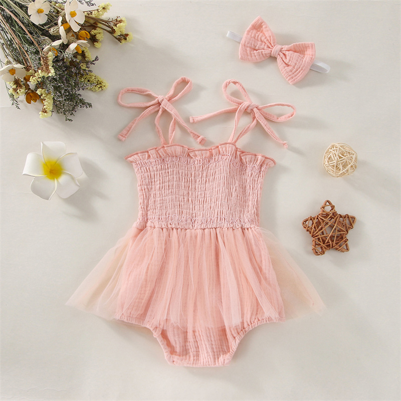 2023 Summer 2 Pcs /set Bamboo Baby Romper Lace Baby Girl Jumpsuit Sleeveless Baby Rompers For Girl