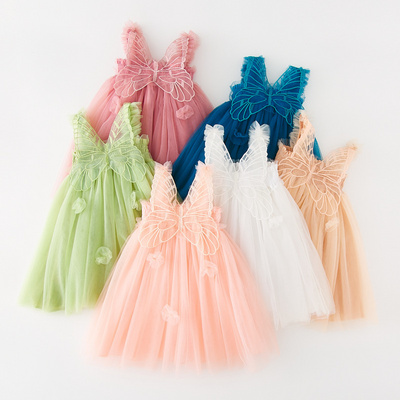 Wholesale Solid color Sleeveless Kids Girl Casual Dresses Summer Butterfly Fairy Tulle Dress Baby Girls Tutu Dress