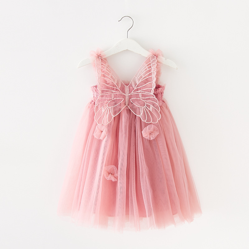 Wholesale Solid color Sleeveless Kids Girl Casual Dresses Summer Butterfly Fairy Tulle Dress Baby Girls Tutu Dress