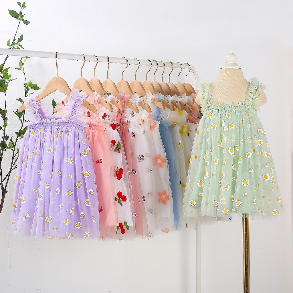 Wholesale Daisy Floral embroidery Kids Girl Casual strap Sleeveless Tulle Dresses Summer Tutu Toddler baby girl dresses