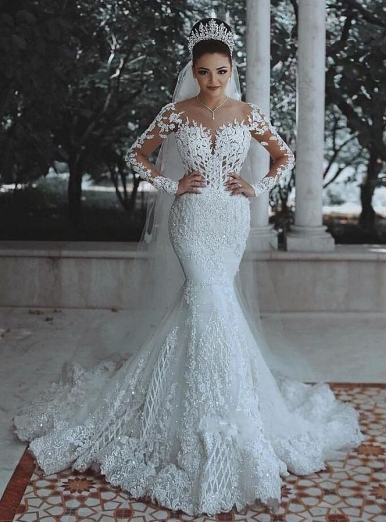 New Fashion Styles Lace Women Wedding Dresses Long Sleeve V-neck Mermaid Women Bridal Gown