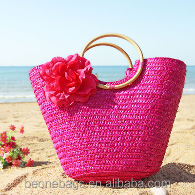 High quality big floral ladies moroccan straw bag natural straw beach bag