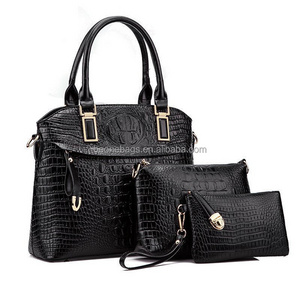 Luxury 3PCS black crocodile pattern faux leather handbag