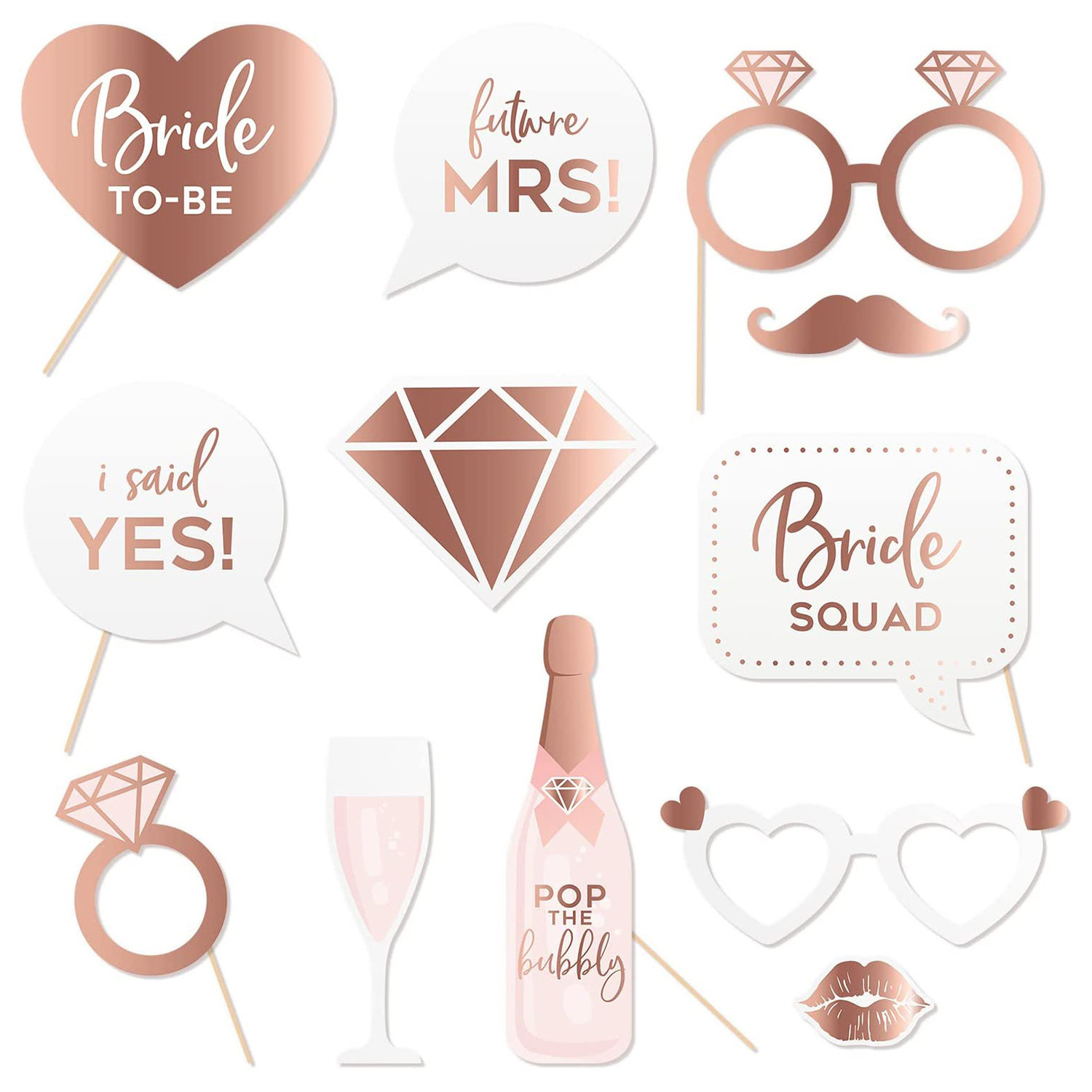 Wedding Photo Booth Props - 12 Pack Rose Gold Party Centerpiece Sticks Table Toppers for Bridal Shower