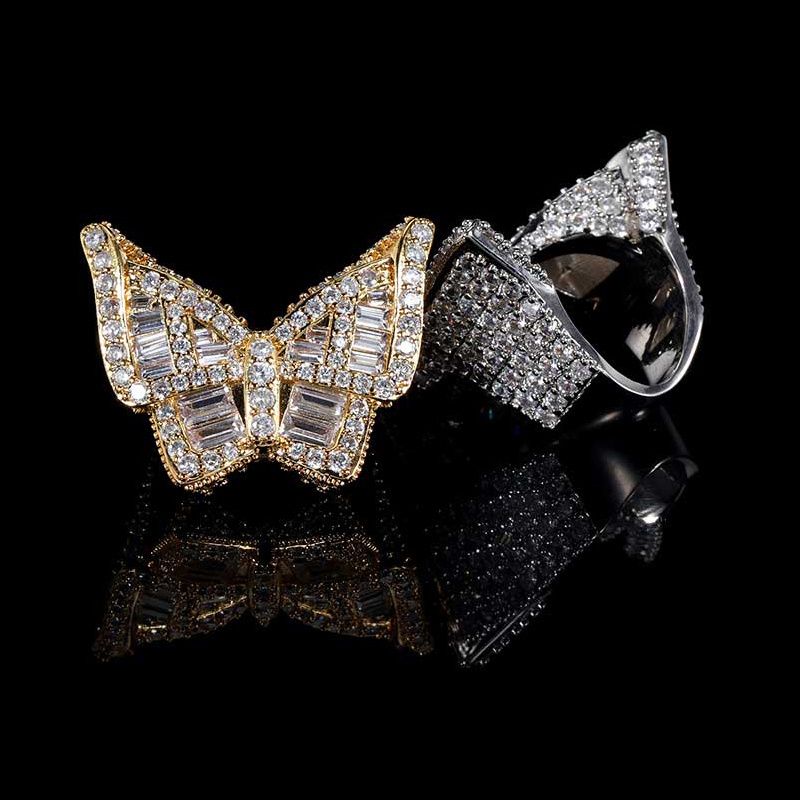 hiphop Jewelry wholesale Gold Plating Micro-Inlaid Big Zircon Butterfly Rings Brass iced out diamond ring for Men   Jewelry Gift