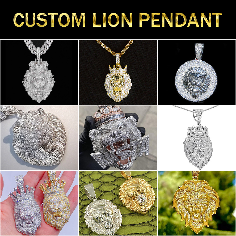 Custom 3D Crown Lion Head VVS Moissanite Diamond Pendant Iced Out 925 Silver 18K Plated Gold Pendant Necklace Chain For Man