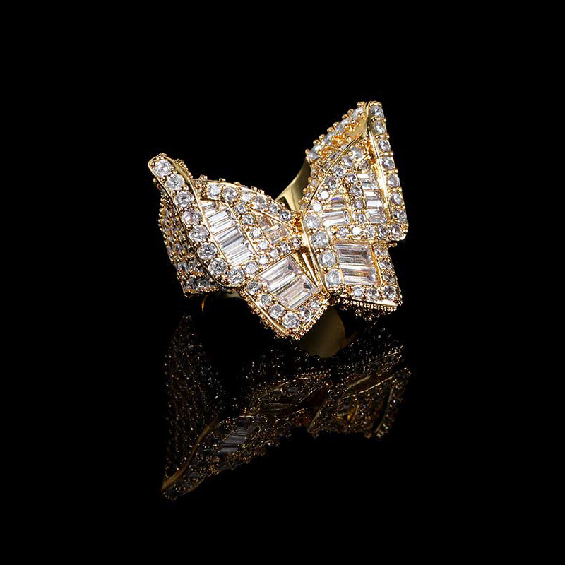 hiphop Jewelry wholesale Gold Plating Micro-Inlaid Big Zircon Butterfly Rings Brass iced out diamond ring for Men   Jewelry Gift