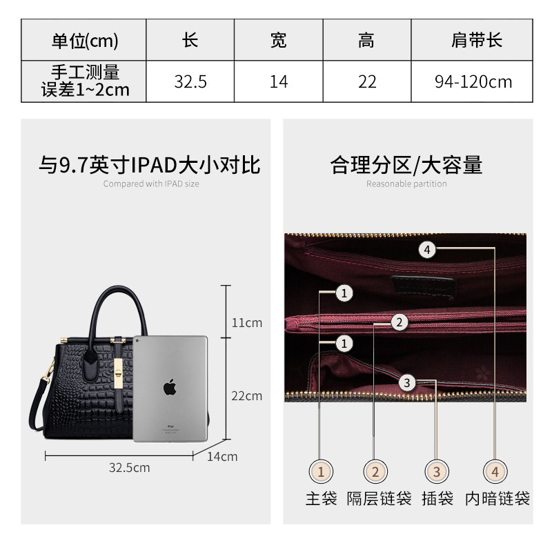 2022 New Fashion Real Leather Crocodile pattern Lady Messenger Bags First Layer Cowhide Genuine Leather Handbag Women Tote Bag