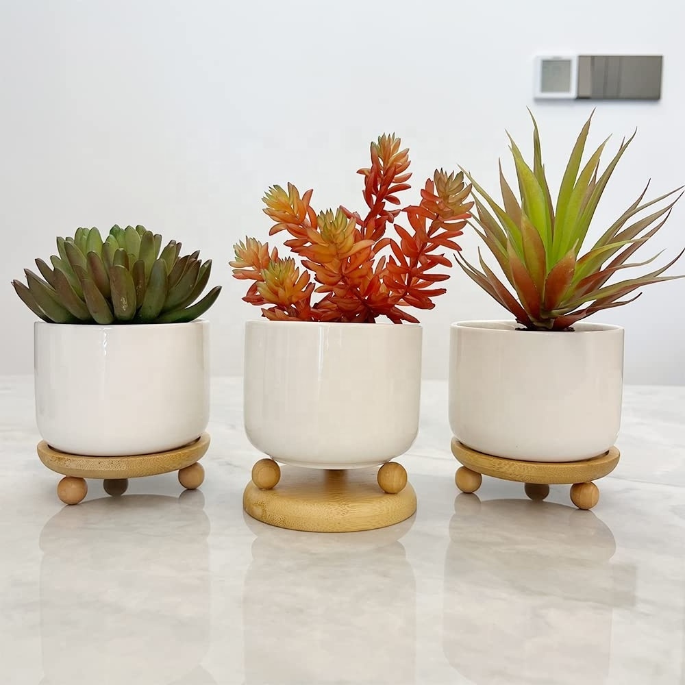 Wife Mother's Day Birthday Gifts Women Gift Ideas Indoor Outdoor 3 Ceramic Creative Bamboo Tray Succulent Flower Planter Pot