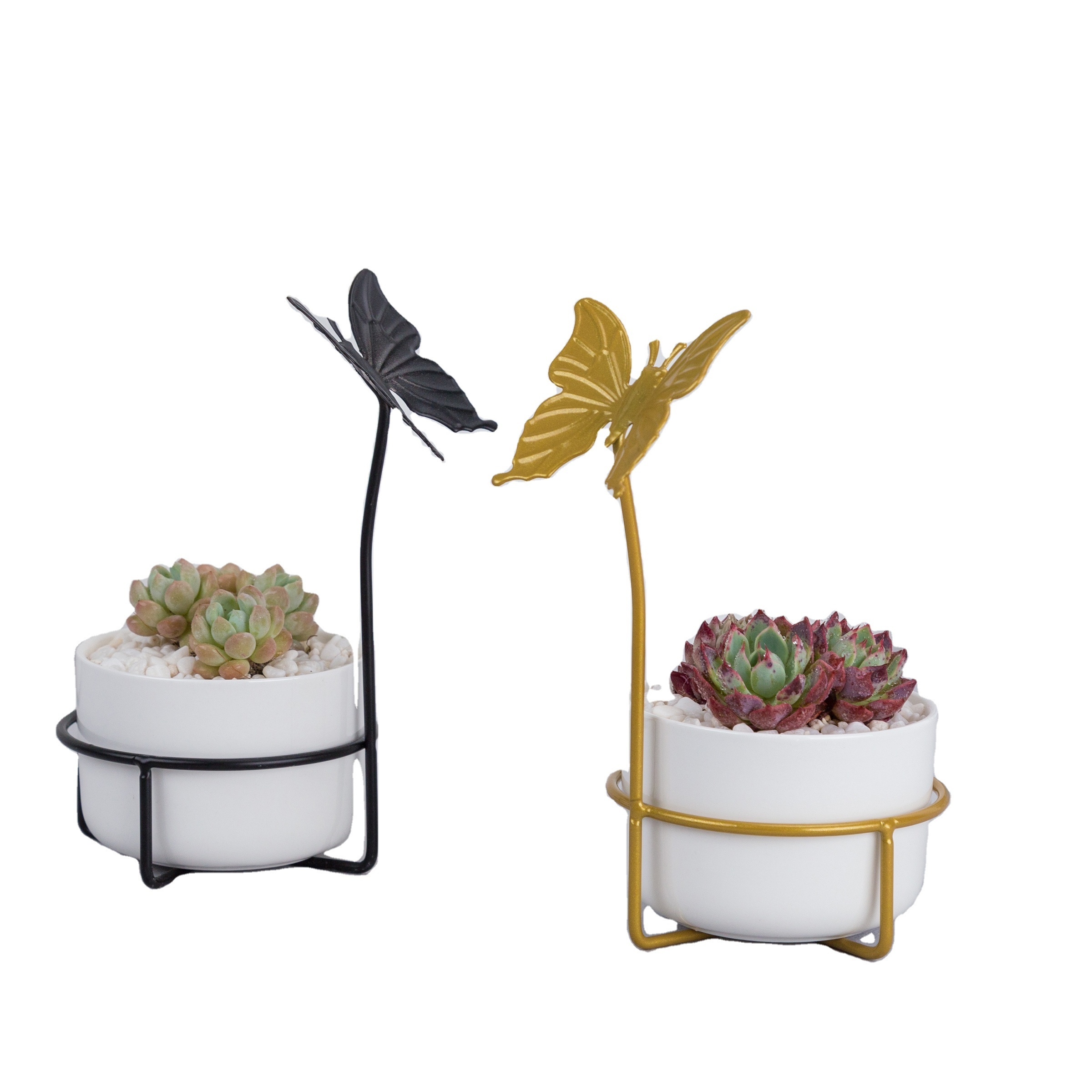 Original Modern Simple Iron Art Creative Butterfly Shape Iron Stand Pot Set Round Ceramic Green Plant Pot Flower Succulent Pot