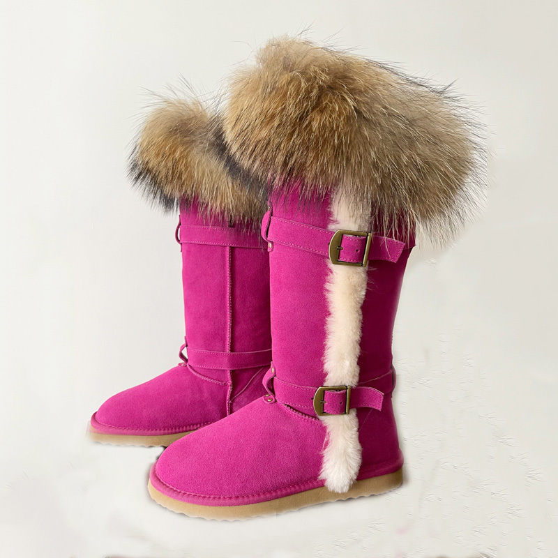 Fashion Luxury red sheep skin shoes raccoon fur snow boot women winter Over Knee Sheepskin leather fur thigh high boot for women