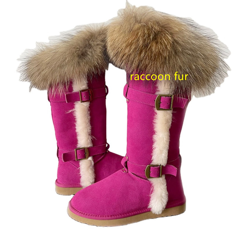 Fashion Luxury red sheep skin shoes raccoon fur snow boot women winter Over Knee Sheepskin leather fur thigh high boot for women