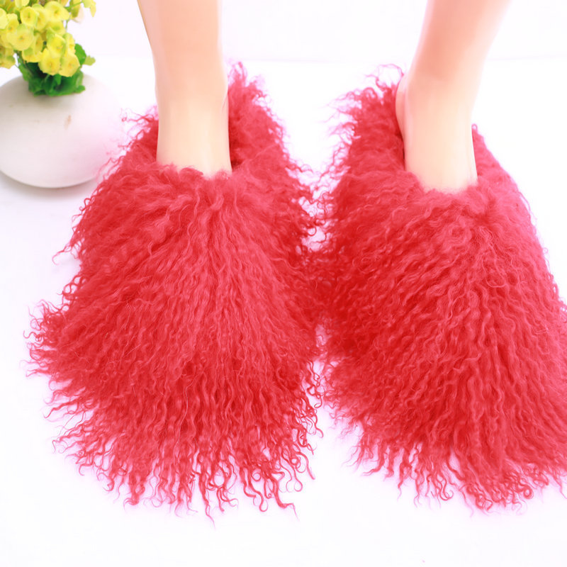 New Design Flat Bottom Fluffy Fuzzy Shoes Long hair curly lamb fur outdoor fashion Sheepskin Slide Women Mongolian Fur Slippers