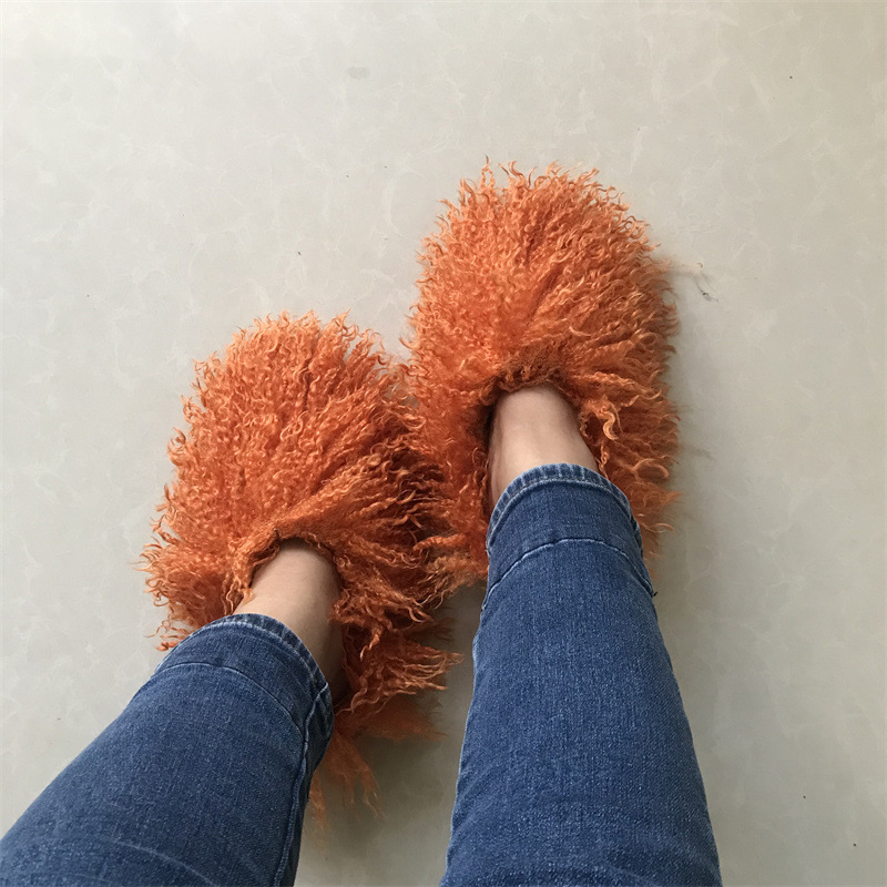 New Design Flat Bottom Fluffy Fuzzy Shoes Long hair curly lamb fur outdoor fashion Sheepskin Slide Women Mongolian Fur Slippers BestSuppliers