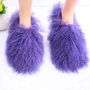 New Design Flat Bottom Fluffy Fuzzy Shoes Long hair curly lamb fur outdoor fashion Sheepskin Slide Women Mongolian Fur Slippers