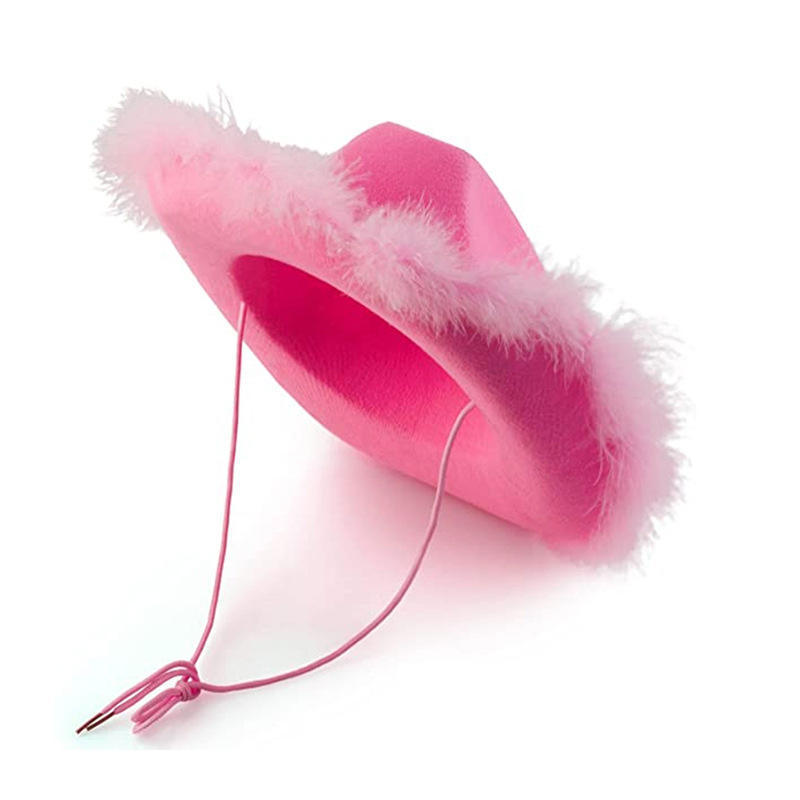 Feather Edge Pink Cowboy Hat Festival Party Pink Boa Cowboy Hat Rolled Fedora Hat For Women Girls