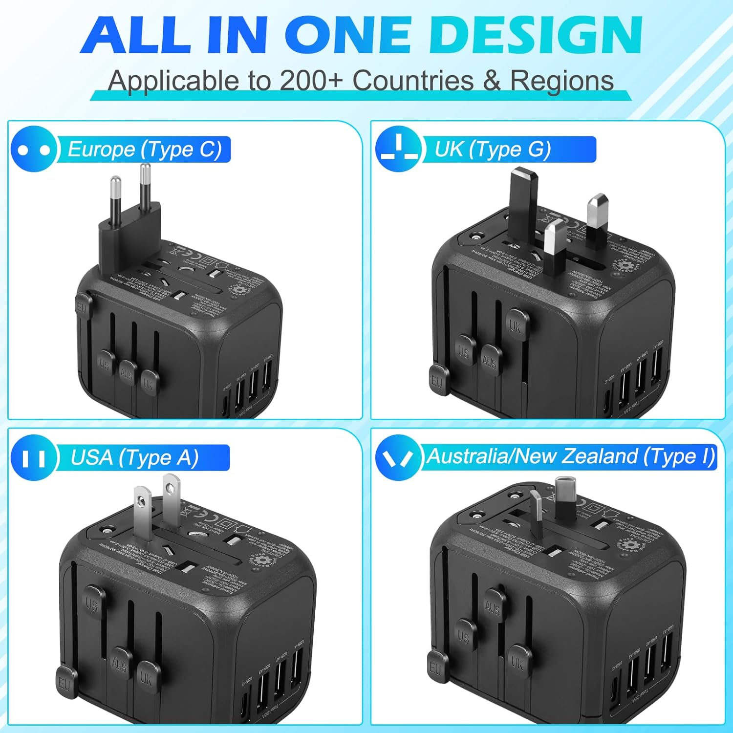 Universal Travel Adapter, International Plug Adapter with 3 USB 1 Type C, Travel Worldwide Essentials, Wall Charger Adpter