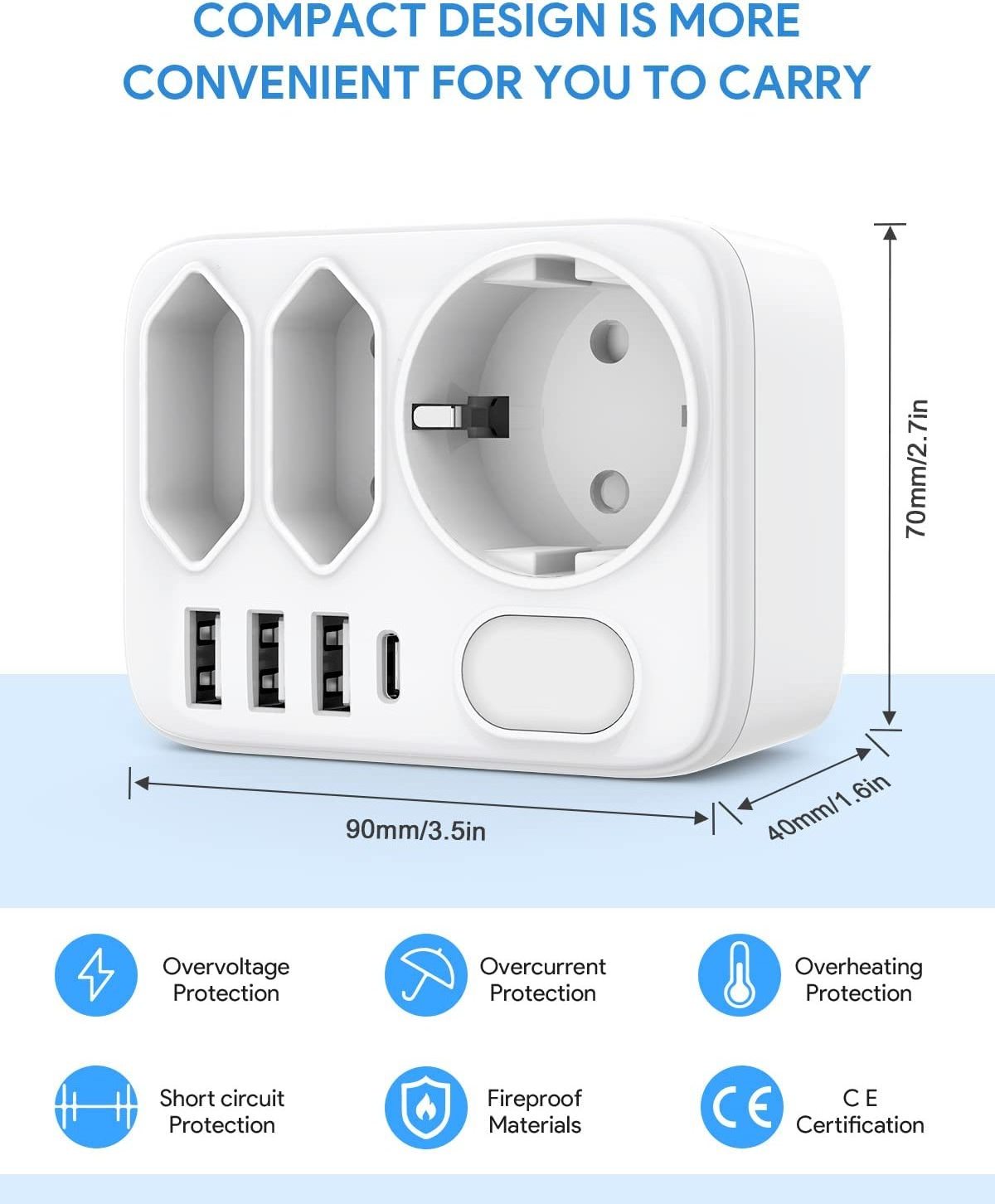 USB Socket with Night Light, 8 in 1 Triple Plug Adapter with 3 USB-A ,1 USB-C all Socket Charging Station for Household