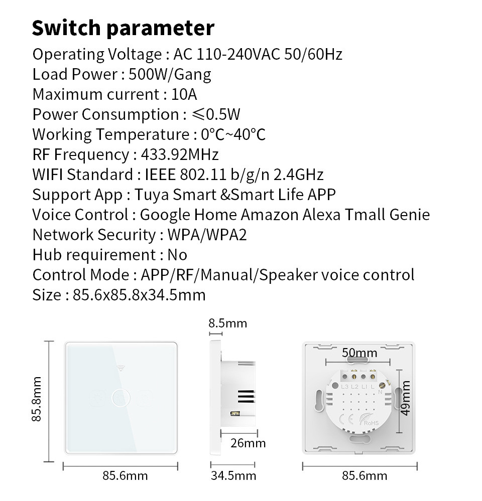 Smart Wifi Touch Wall Switch with Alexa,multi-control 1/2/3/4 Gang Switches Tuya Smart Smart Life Pc+tempered Glass Panel 240V