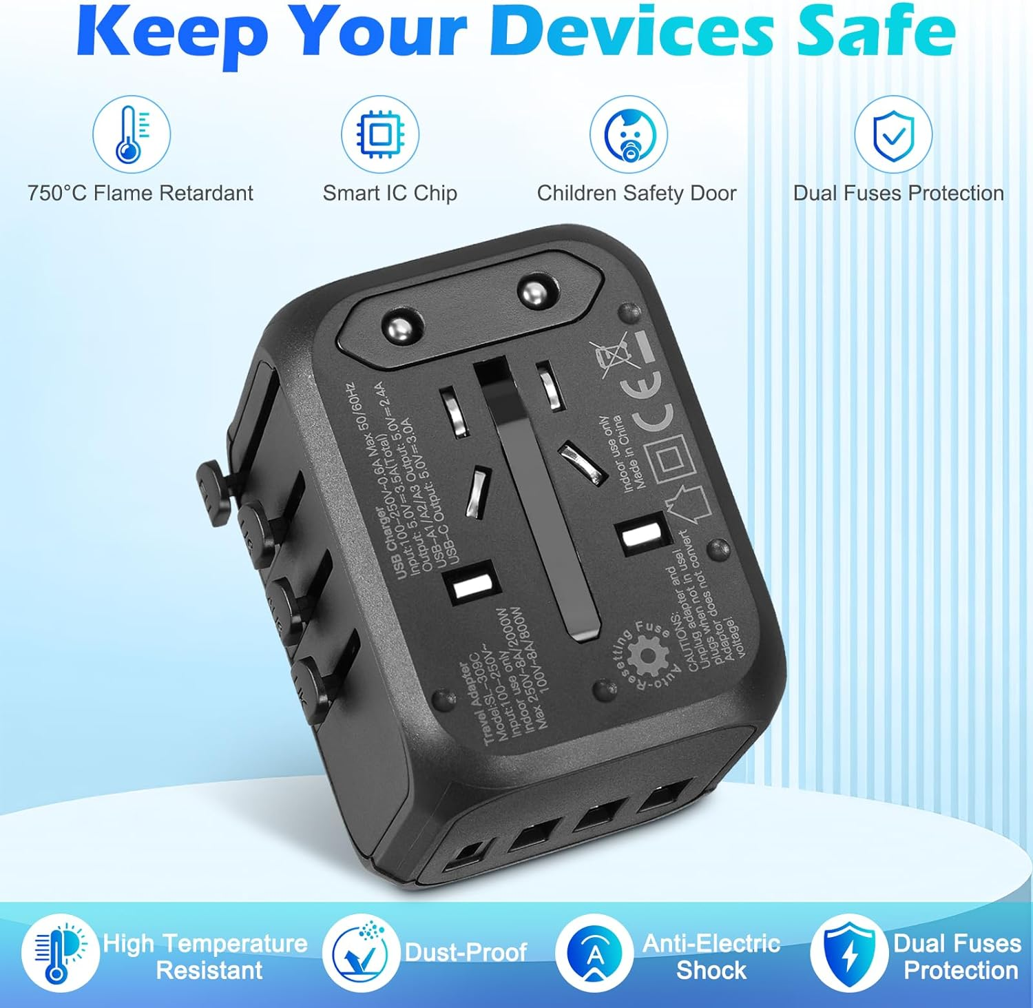 Universal Travel Adapter, International Plug Adapter with 3 USB 1 Type C, Travel Worldwide Essentials, Wall Charger Adpter