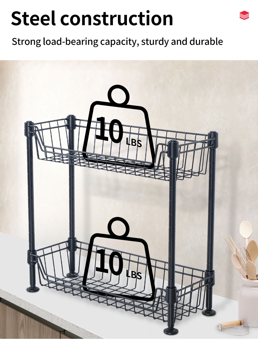 2 Tier Kitchen Countertop Storage Rack Metal Shelves for Kitchen