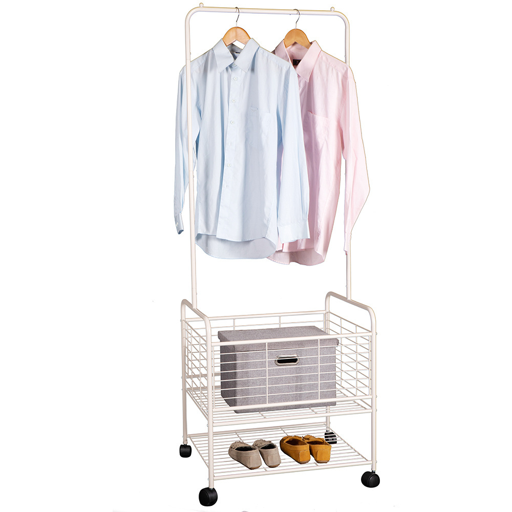 2023 New arrival modern design wire basket garment rail with wheels clothing storage rack