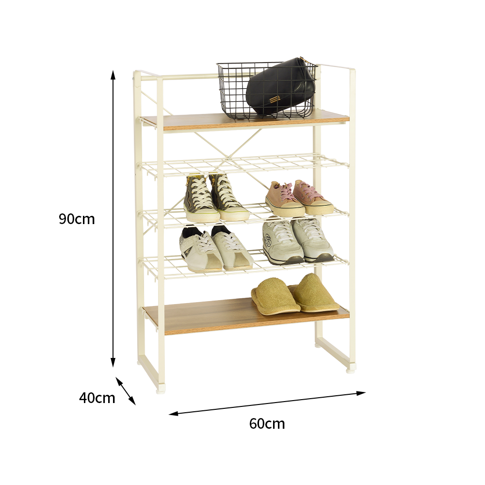 Modern Adjustable Wooden Shoe Rack Metal Mesh Shoe Storage Organizer for Home