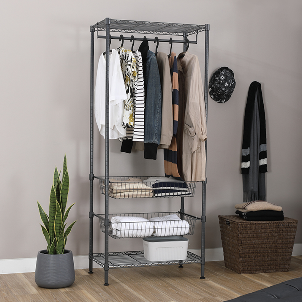 Simple Powder Coating Carbon Steel Wire Shelving Garment Rack Freestanding Garments Display Rack