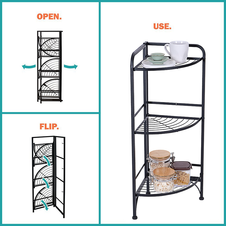 3 tier wire rack corner folding shelf for kitchen/ bathroom/ living room