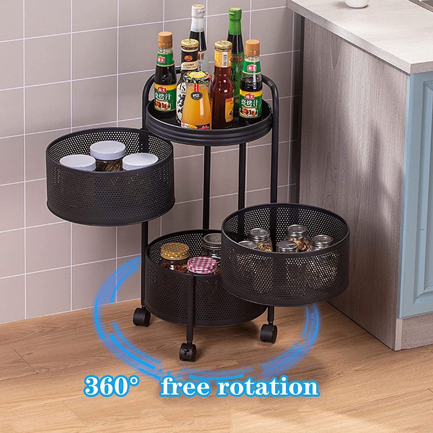 Kitchen Rack  Rotating Kitchen Basket  For Fruit Vegetable Floor 5-layer Household Storage Kitchen Rack Black Round Trolley