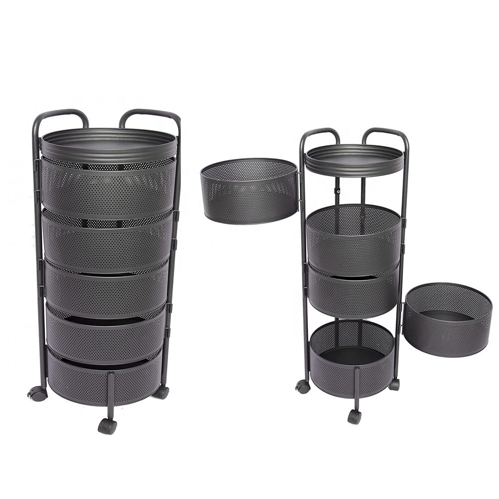 Kitchen Rack  Rotating Kitchen Basket  For Fruit Vegetable Floor 5-layer Household Storage Kitchen Rack Black Round Trolley