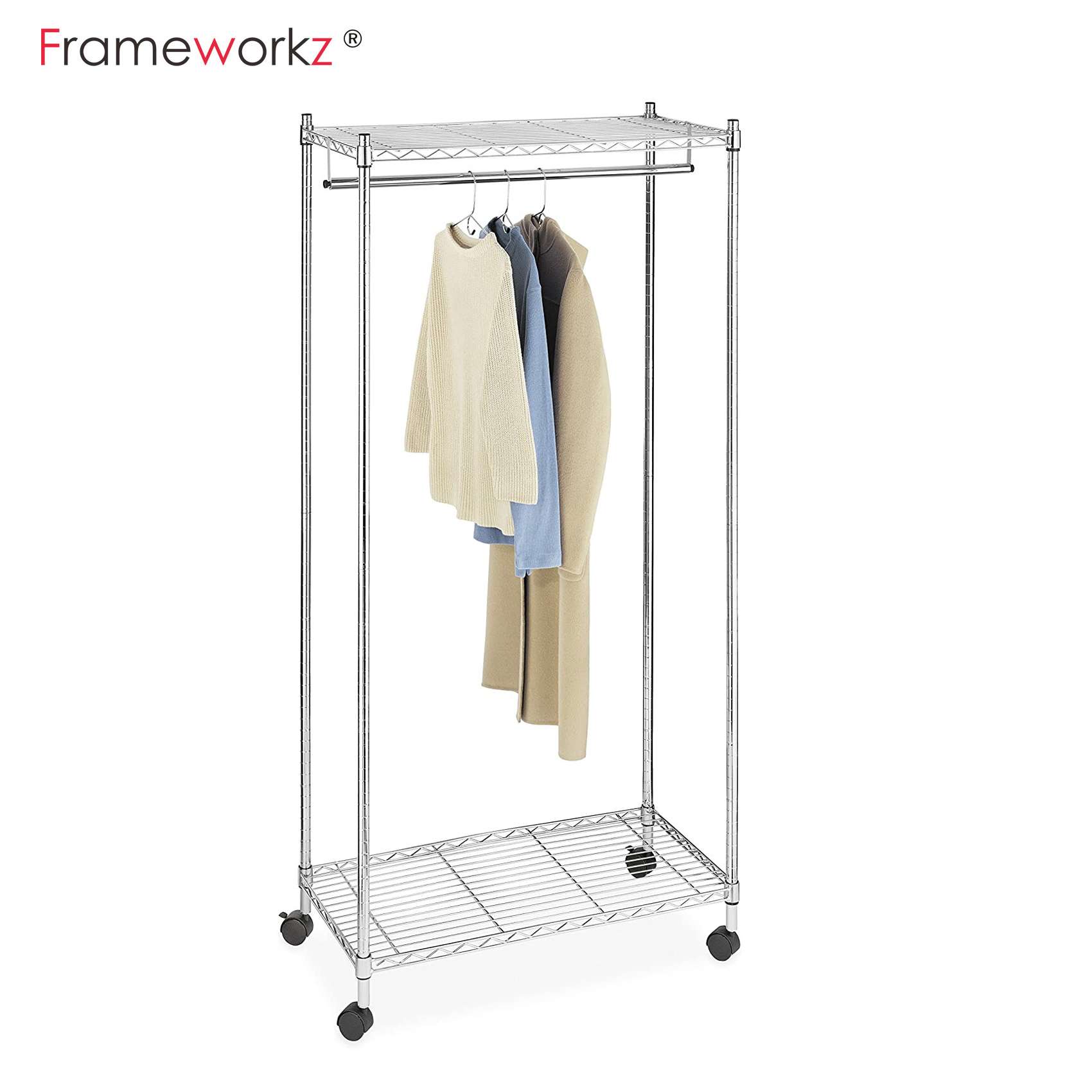 Chrome wire shelving garment rail rolling clothing garment rack