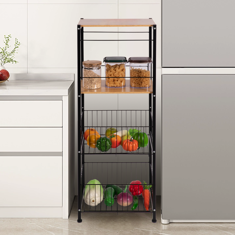 Wood Food Shelf Kitchen Organizer Fruit Vegetable Shelves Storage Racks Shelving Units with Basket Wholesale Metal Black Daily