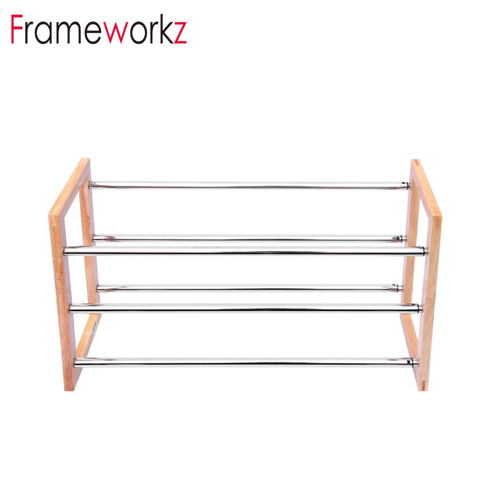 3 Tier Expandable Shoe Rack -Stackable - Natural Wood and Chrome