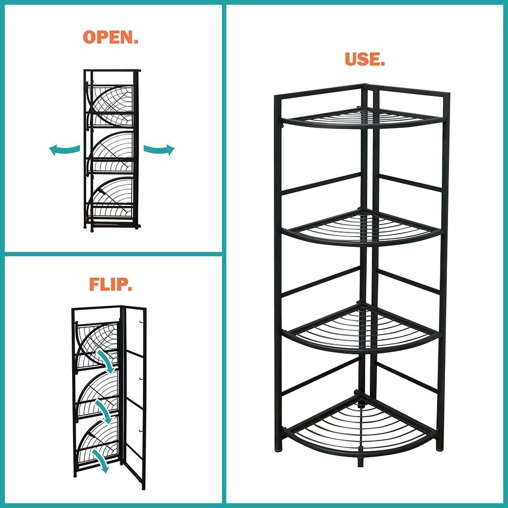 Small Four Layers Corner Storage Rack Narrow Collapsible Metal Wire Kitchen Shelf