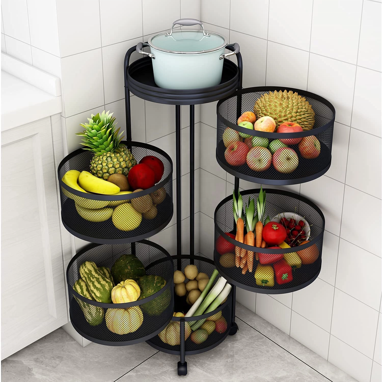 Kitchen Rack  Rotating Kitchen Basket  For Fruit Vegetable Floor 5-layer Household Storage Kitchen Rack Black Round Trolley