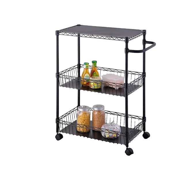 Multi-Purpose Chrome Plate Metal Wire Basket Kitchen Storage Cart Utility Cart Rolling 3 Tier Storage Shelves