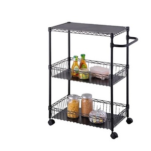 Multi-Purpose Chrome Plate Metal Wire Basket Kitchen Storage Cart Utility Cart Rolling 3 Tier Storage Shelves