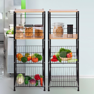 Wood Food Shelf Kitchen Organizer Fruit Vegetable Shelves Storage Racks Shelving Units with Basket Wholesale Metal Black Daily