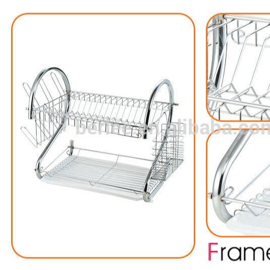 2 Tier Metal Kitchen Dish Drainer With Tray And Cup Rack /Double Dish Drainer/S Shape Dish Rack