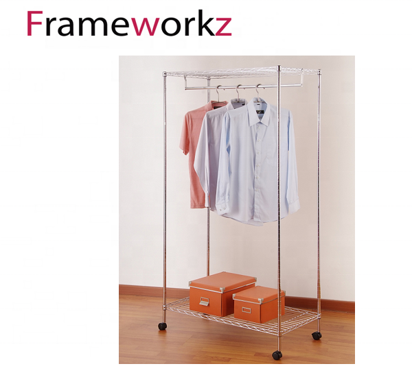 wholesaler metal wire shelving garment rack with wheels clothes rail for living room cloth rack