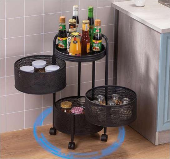 Kitchen Rack  Rotating Kitchen Basket  For Fruit Vegetable Floor 5-layer Household Storage Kitchen Rack Black Round Trolley