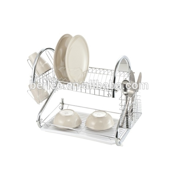 2 Tier Metal Kitchen Dish Drainer With Tray And Cup Rack /Double Dish Drainer/S Shape Dish Rack