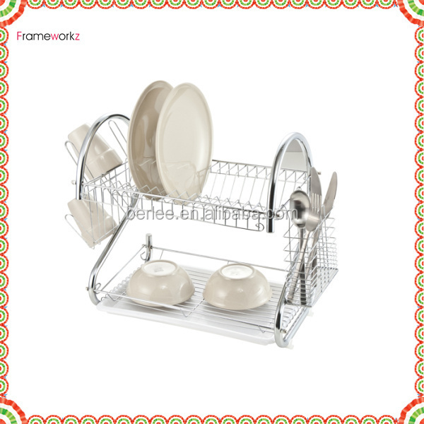 2 Tier Metal Kitchen Dish Drainer With Tray And Cup Rack /Double Dish Drainer/S Shape Dish Rack