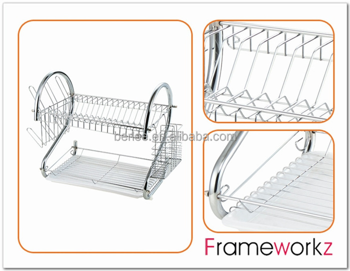 2 Tier Metal Kitchen Dish Drainer With Tray And Cup Rack /Double Dish Drainer/S Shape Dish Rack